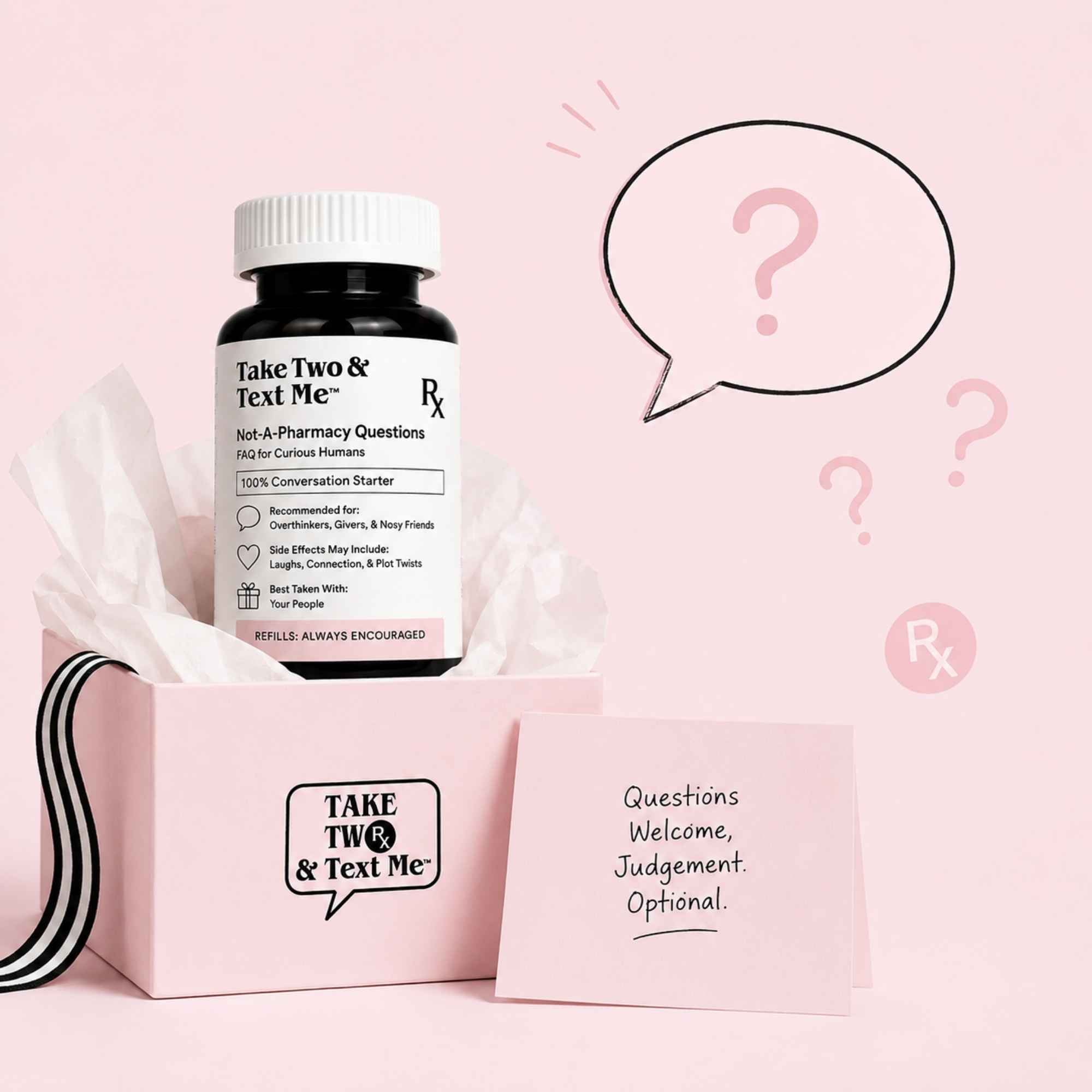 Best Friend Pharmacy FAQ image with a pink gift box, question graphics, and a funny friendship gift theme.