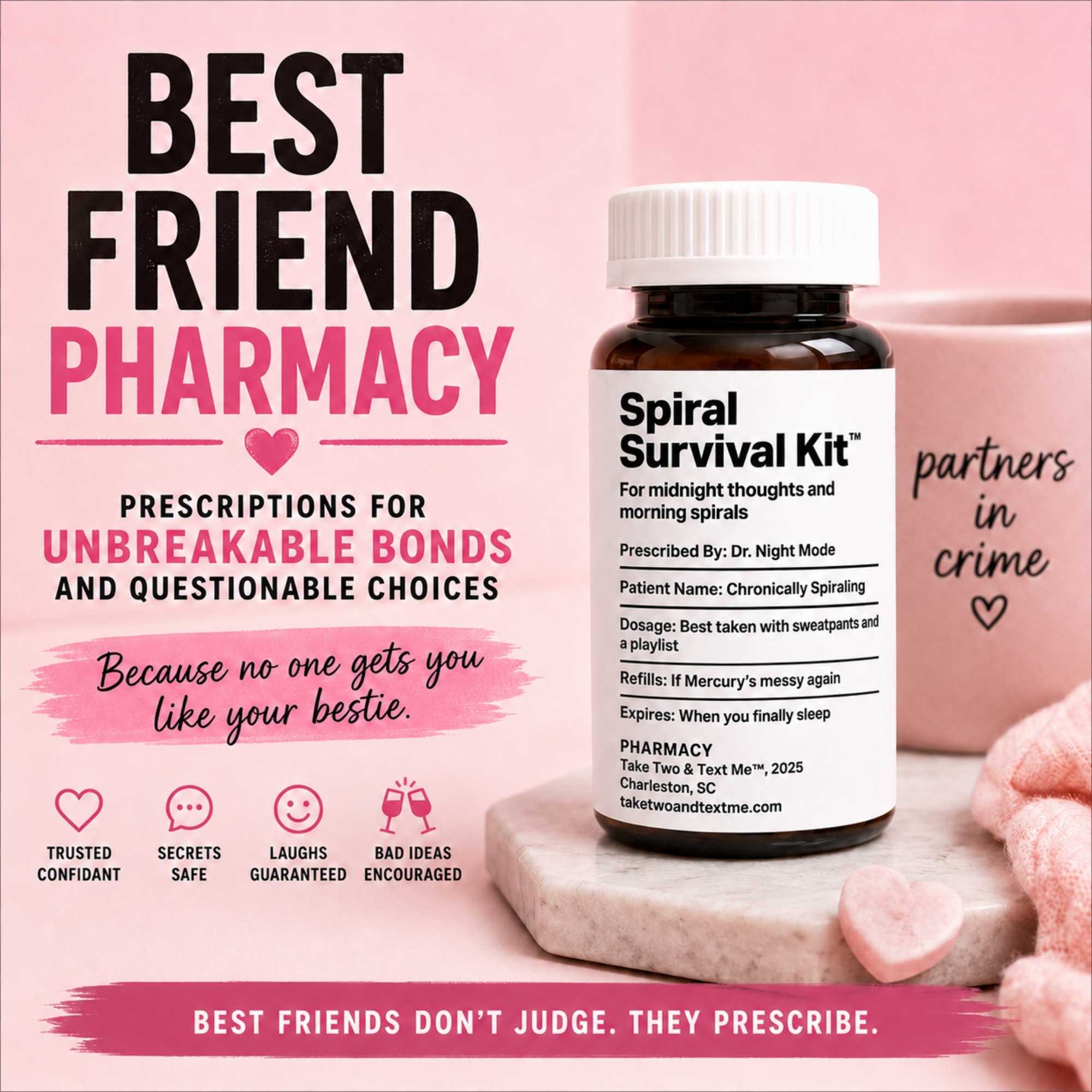 Red Flag Rx funny breakup gifts collection desktop hero banner showing toxic relationship gag gifts and parody prescription bottles by Take Two & Text Me