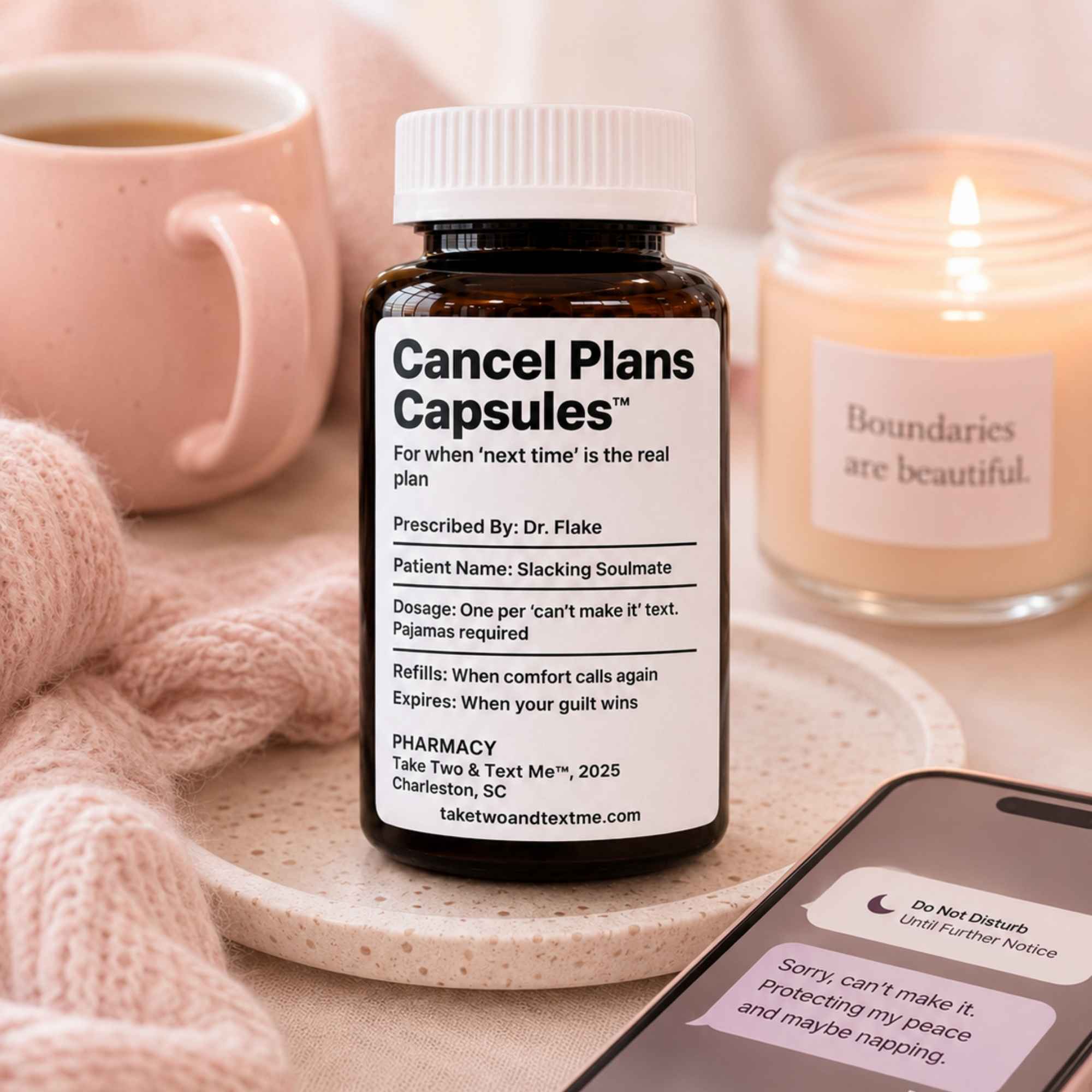 Cancel Plans Capsules prescription-inspired gift for friends who love cozy cancellations and no-pressure plans.