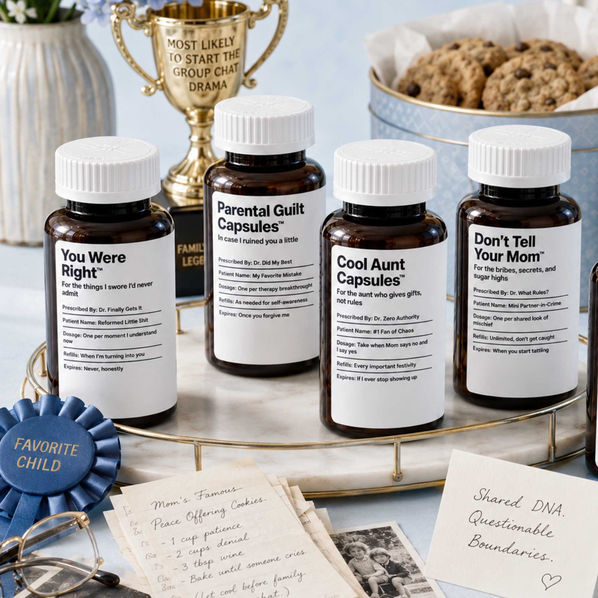 Christmas family gag gift and dysfunctional family gift prescription bottles flatlay with blue ribbon by Take Two & Text Me