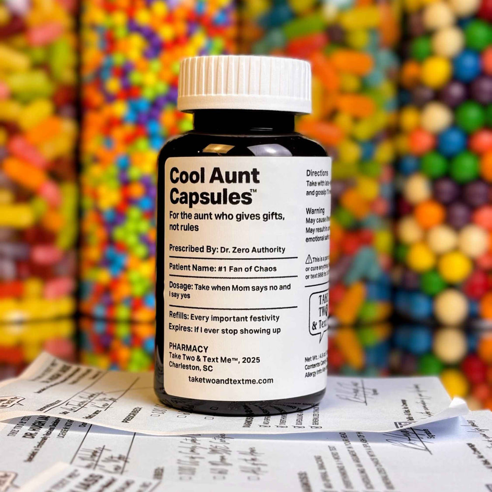 Cool Aunt Capsules funny aunt gift prescription bottle by Take Two & Text Me