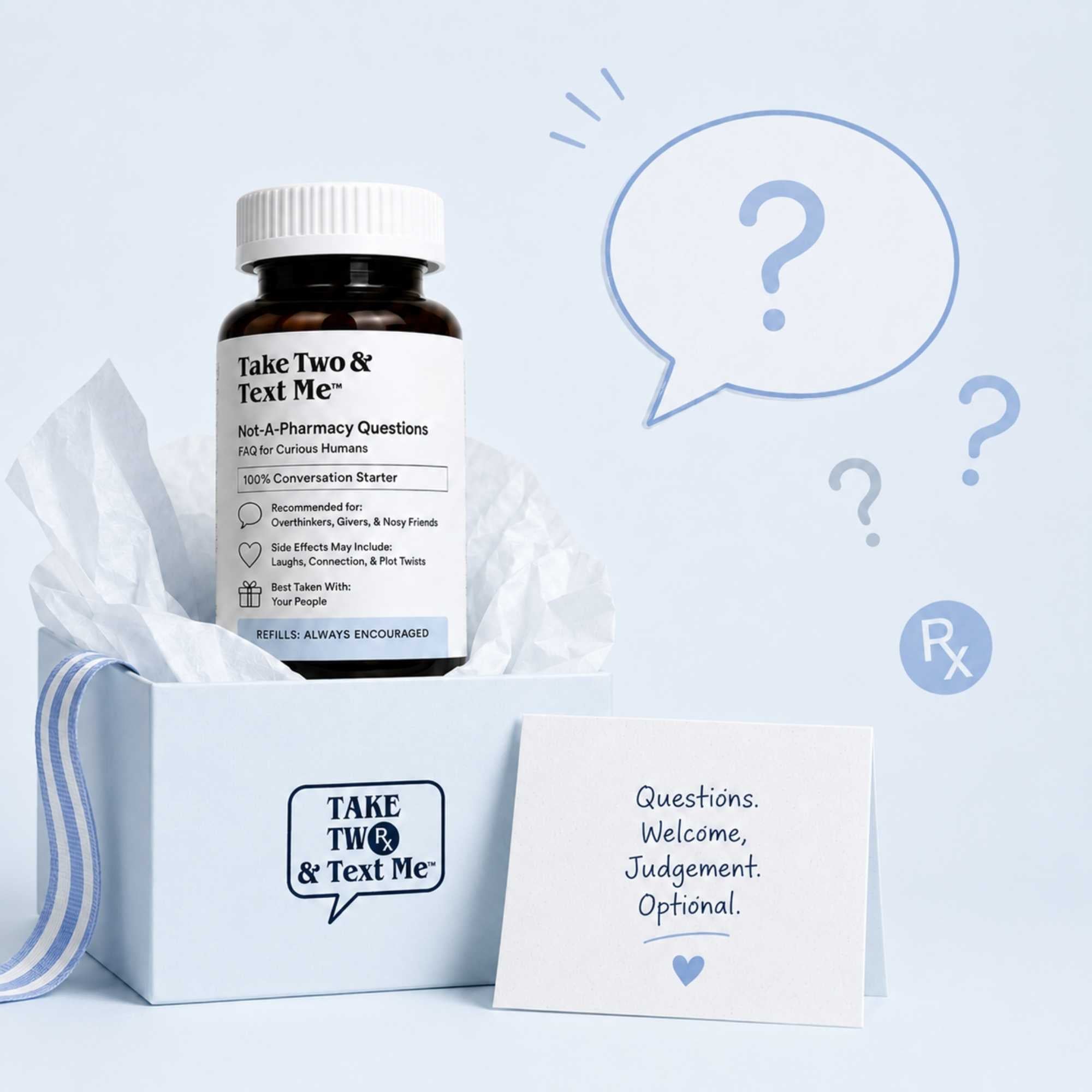 What is in the box product graphic for dysfunctional family gift and parody prescription bottles by Take Two & Text Me
