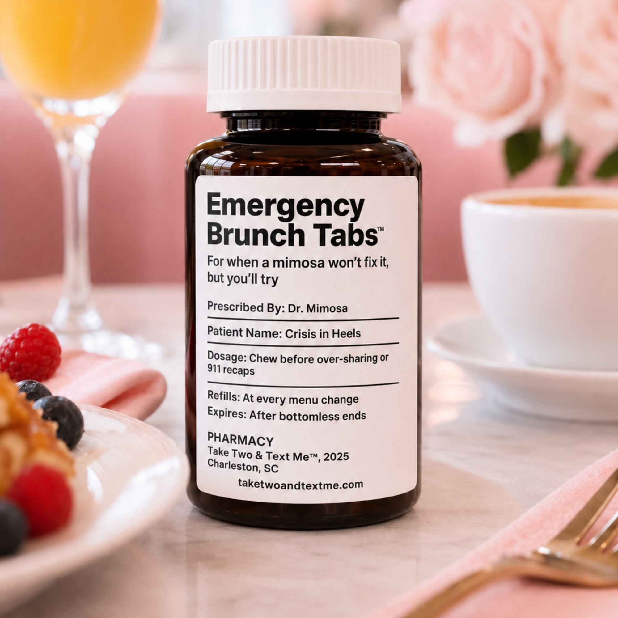 Emergency Brunch Tabs prescription-inspired gift for best friends in a soft pink brunch scene.