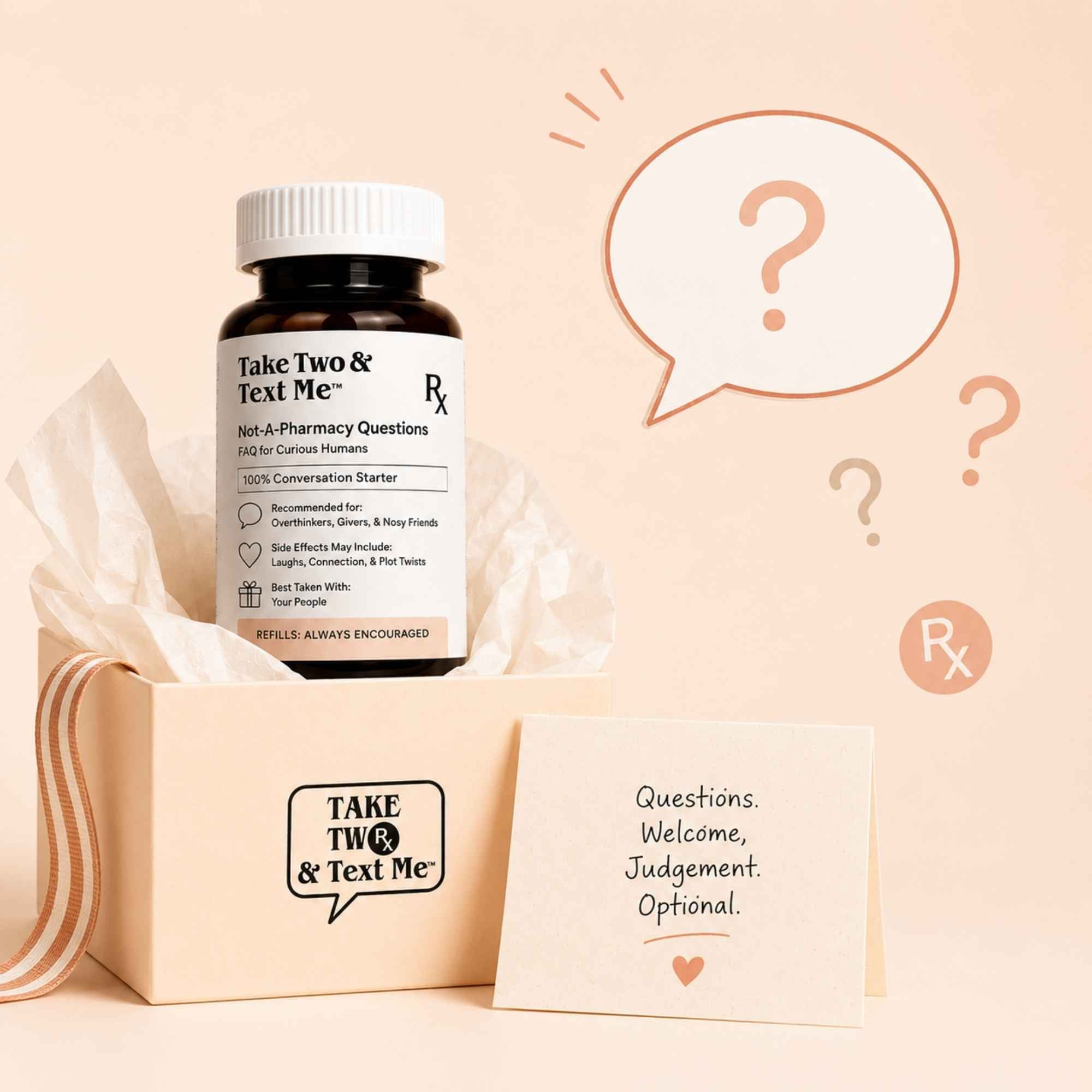 FAQ product graphic for Adulting Triage funny emotional support gifts and candy prescription bottles by Take Two & Text Me