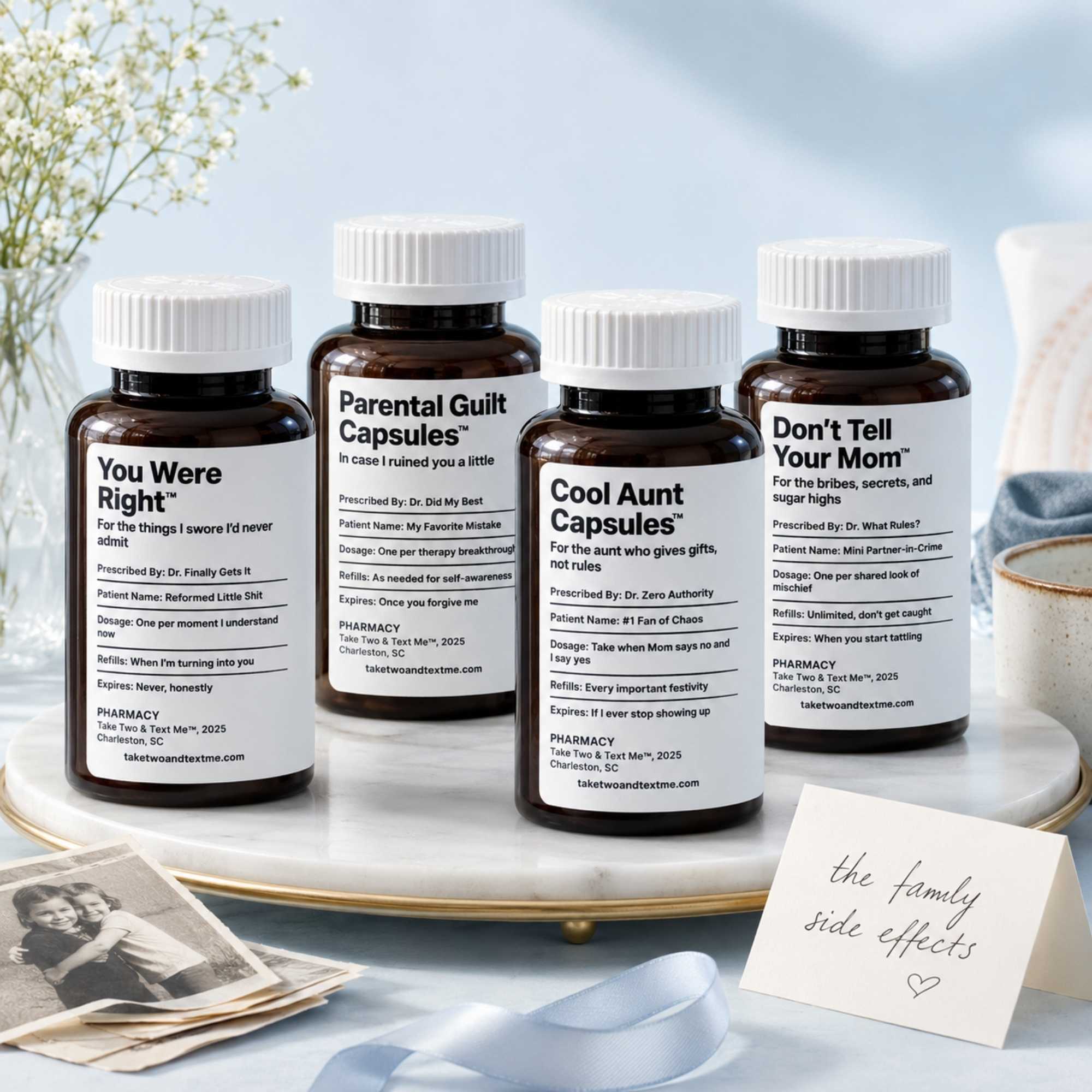 Family reunion gag gift prescription bottles flatlay featuring funny family drama survival kits by Take Two & Text Me