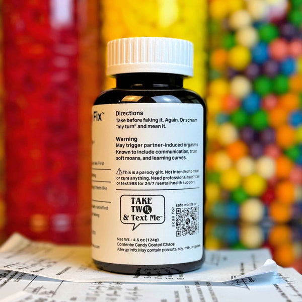 Back label warnings and active ingredients for Foreplay Fix naughty gag gift