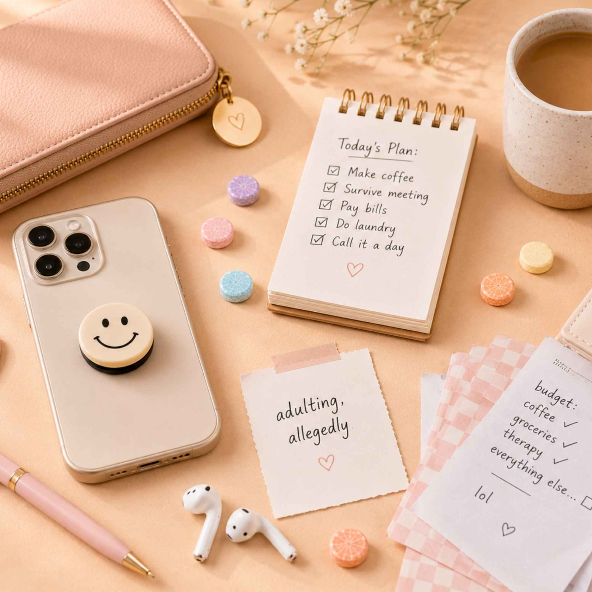 Lifestyle flatlay featuring funny adulting gift notepad and coffee for mental overload survival kit by Take Two & Text Me