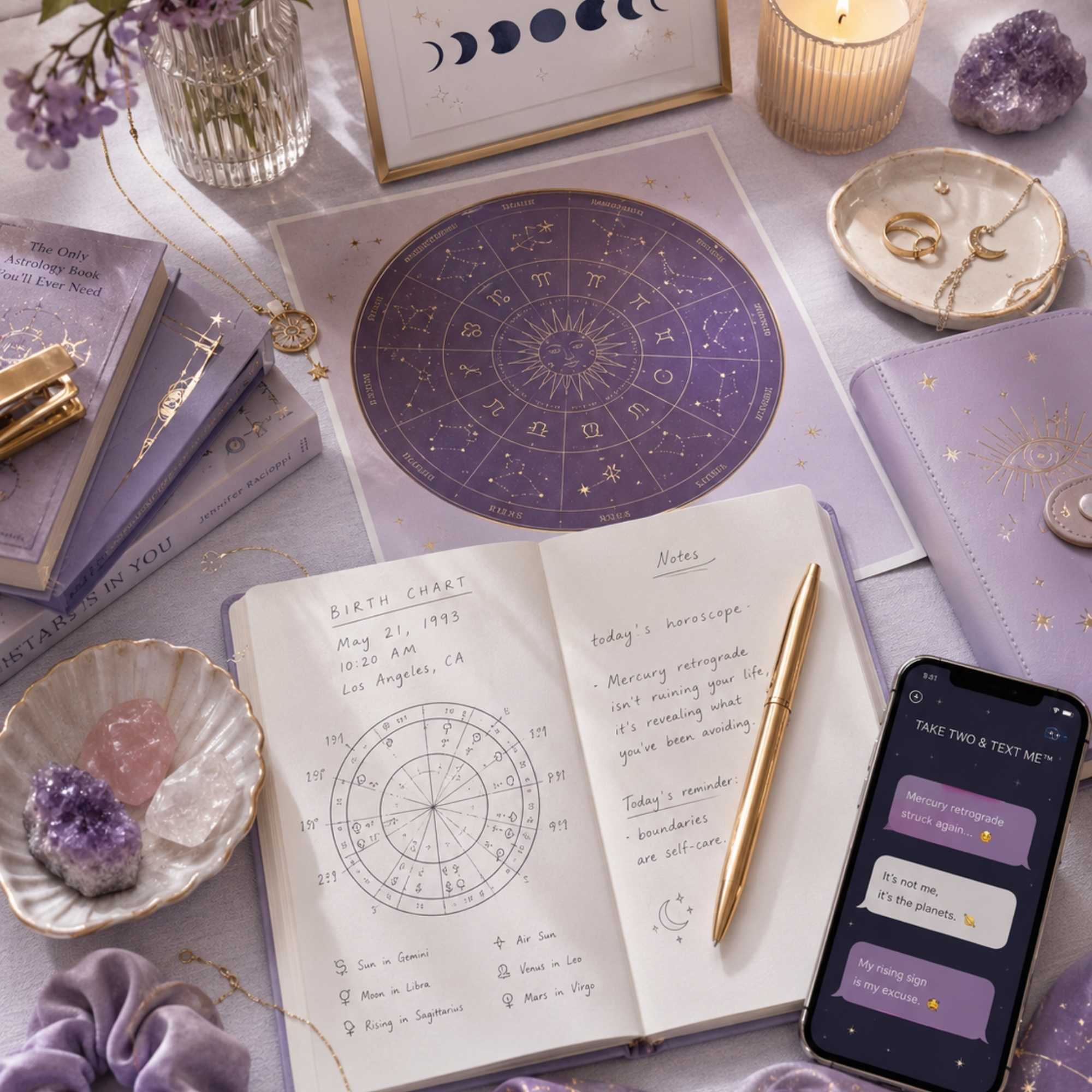 Funny astrology gifts and zodiac sign prescription bottle collection lifestyle flatlay with crystals and charts by Take Two & Text Me