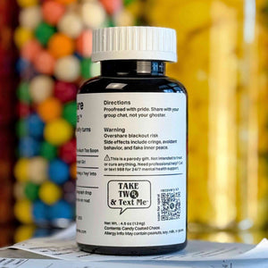 Back label paragraph prevention warning for Overshare Antidote group chat gag gift