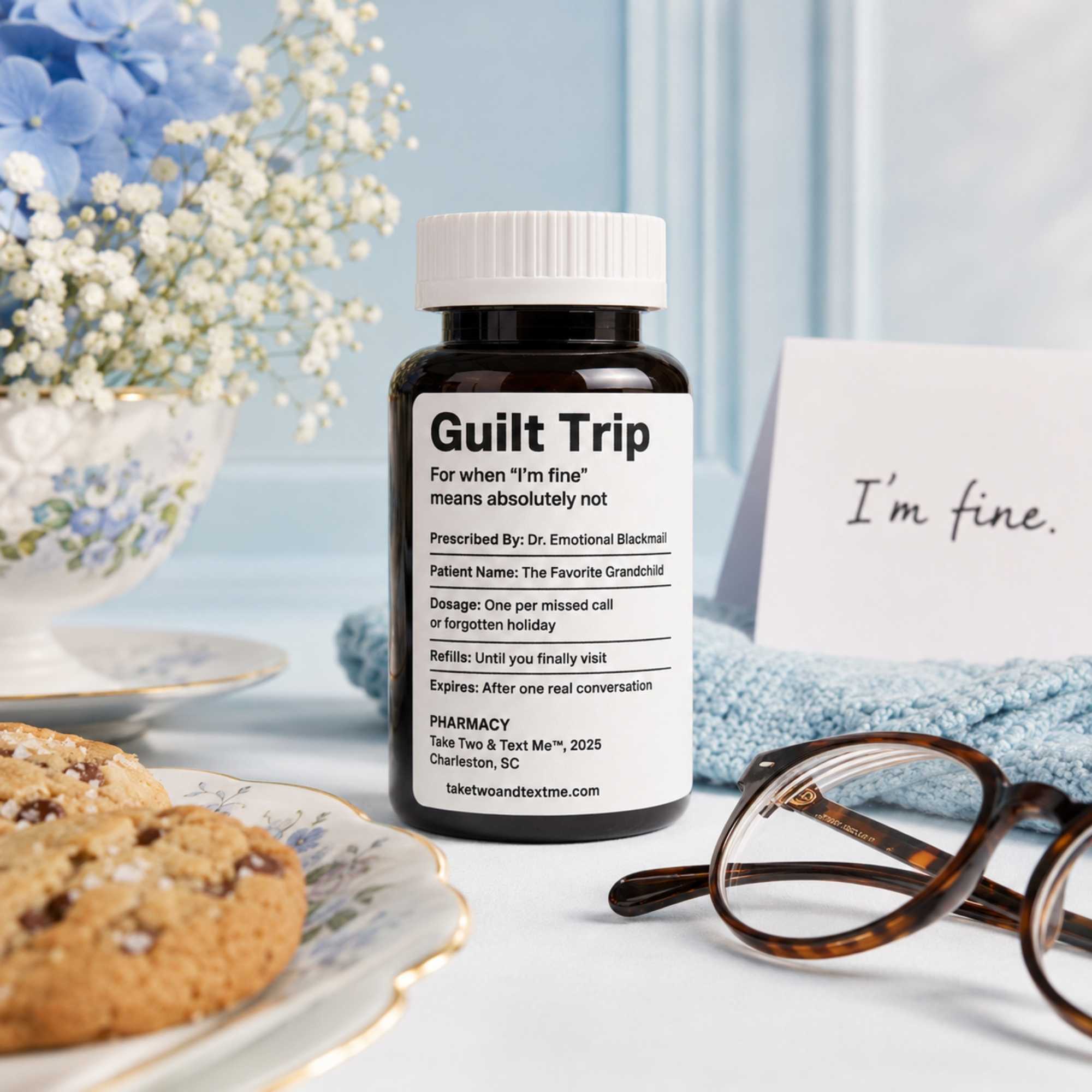 Guilt Trip funny mom gift and dysfunctional family gift prescription bottle flatlay by Take Two & Text Me