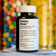 Delulu Dose funny prescription gift for friend pill bottle by Take Two & Text Me