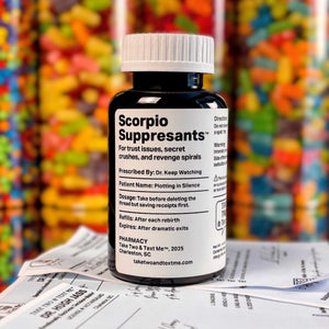 Scorpio Suppressants funny Scorpio gifts prescription bottle front label by Take Two & Text Me