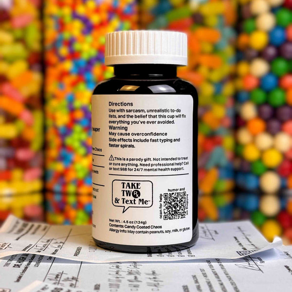 Back label directions and crash prevention warning for Caffeine and Consequences espresso gift bottle