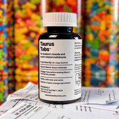 Taurus Tabs funny Taurus gifts prescription bottle front label by Take Two & Text Me