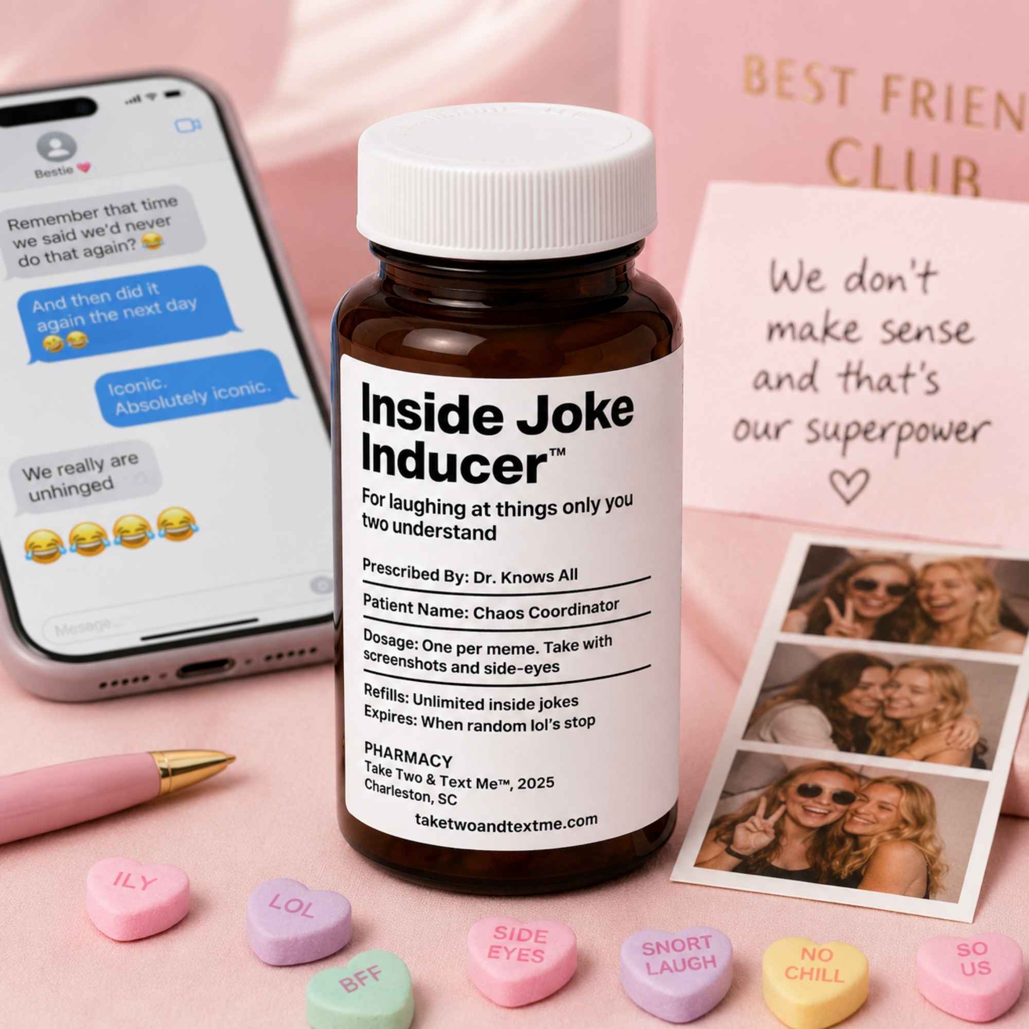Inside Joke Inducer prescription-inspired best friend gift idea for shared jokes and friendship humor.