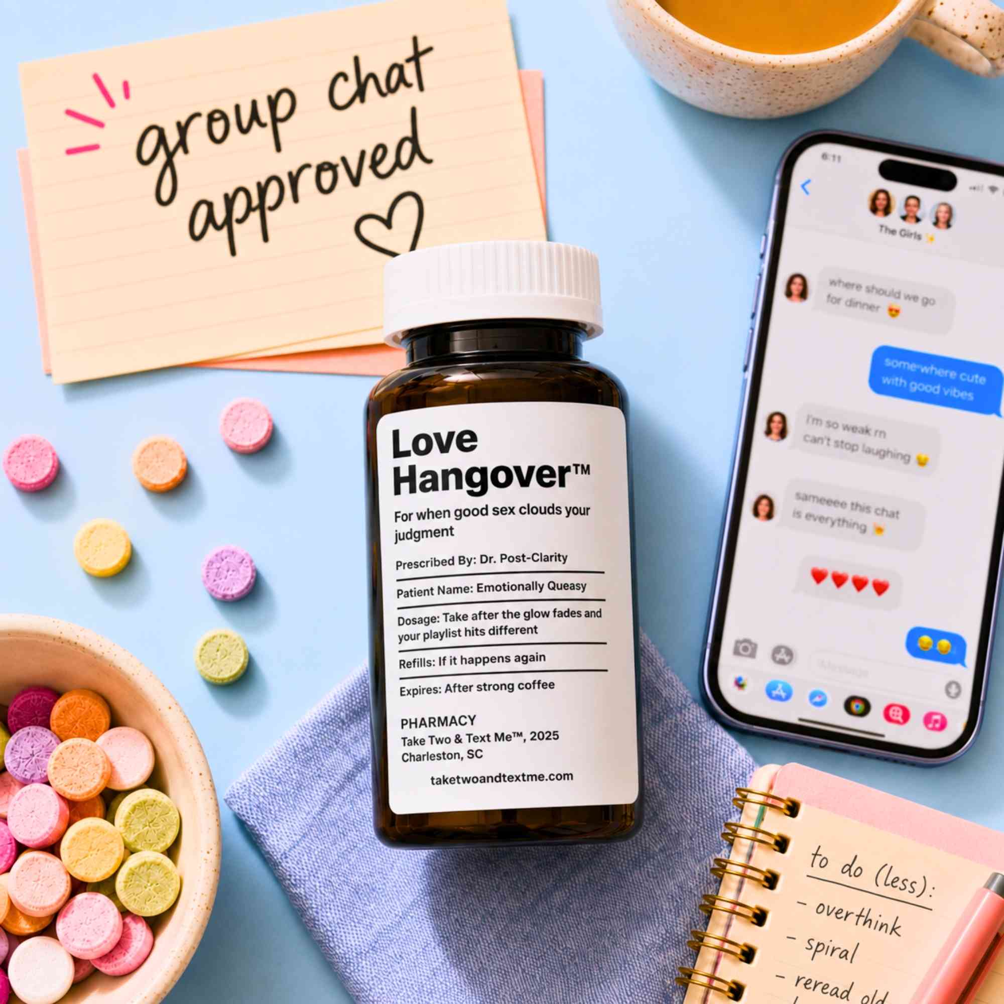 Love Hangover funny breakup gift prescription bottle with matching phone mockup by Take Two & Text Me