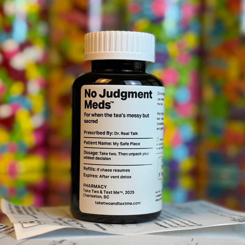 No Judgment Meds parody prescription bottle on papers, a funny gift for best friend.