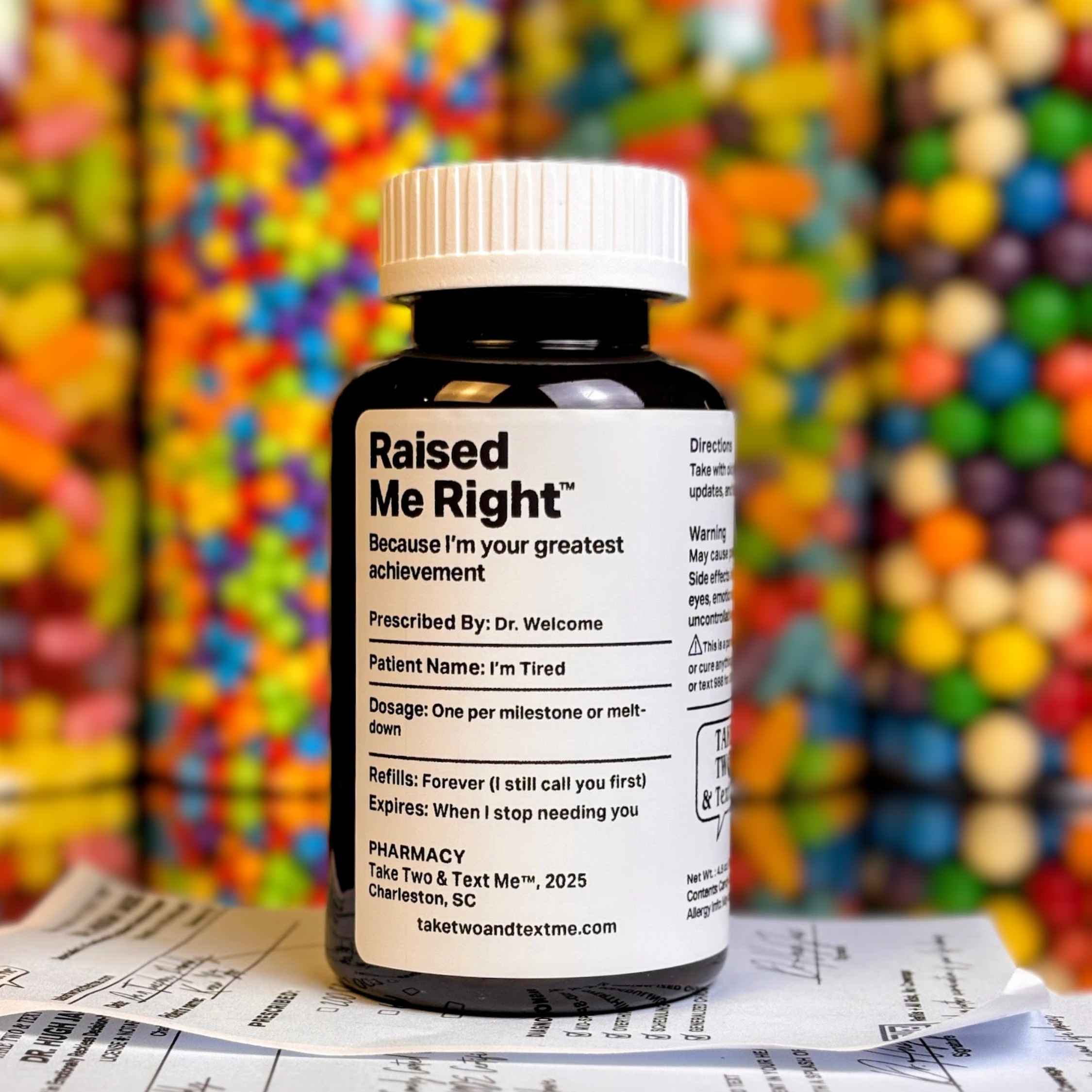 Raised Me Right funny parent appreciation prescription bottle gift by Take Two & Text Me