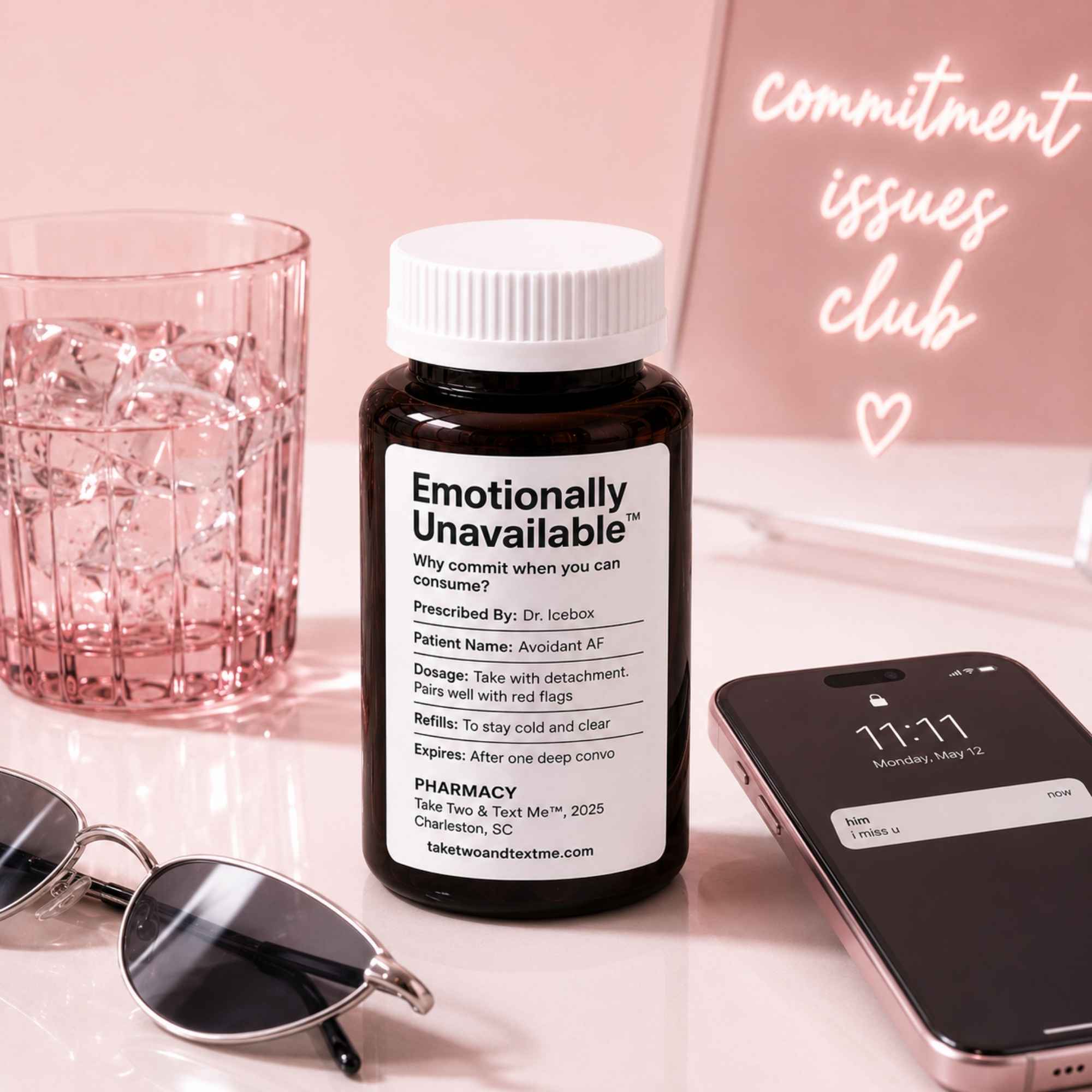 Emotionally Unavailable red flag gag gift prescription bottle flatlay with sunglasses by Take Two & Text Me