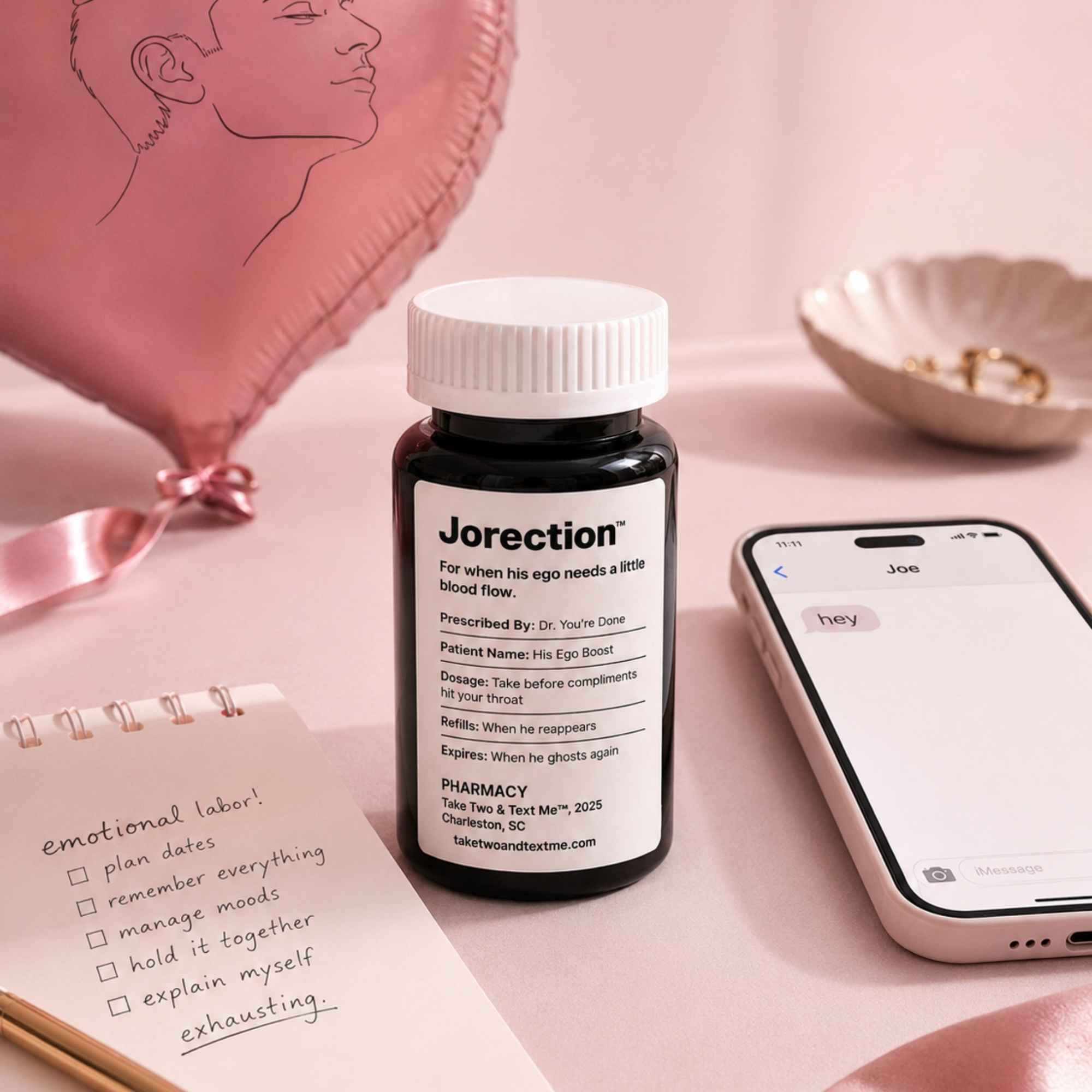 Jorection red flag gag gift funny prescription bottle flatlay with phone by Take Two & Text Me