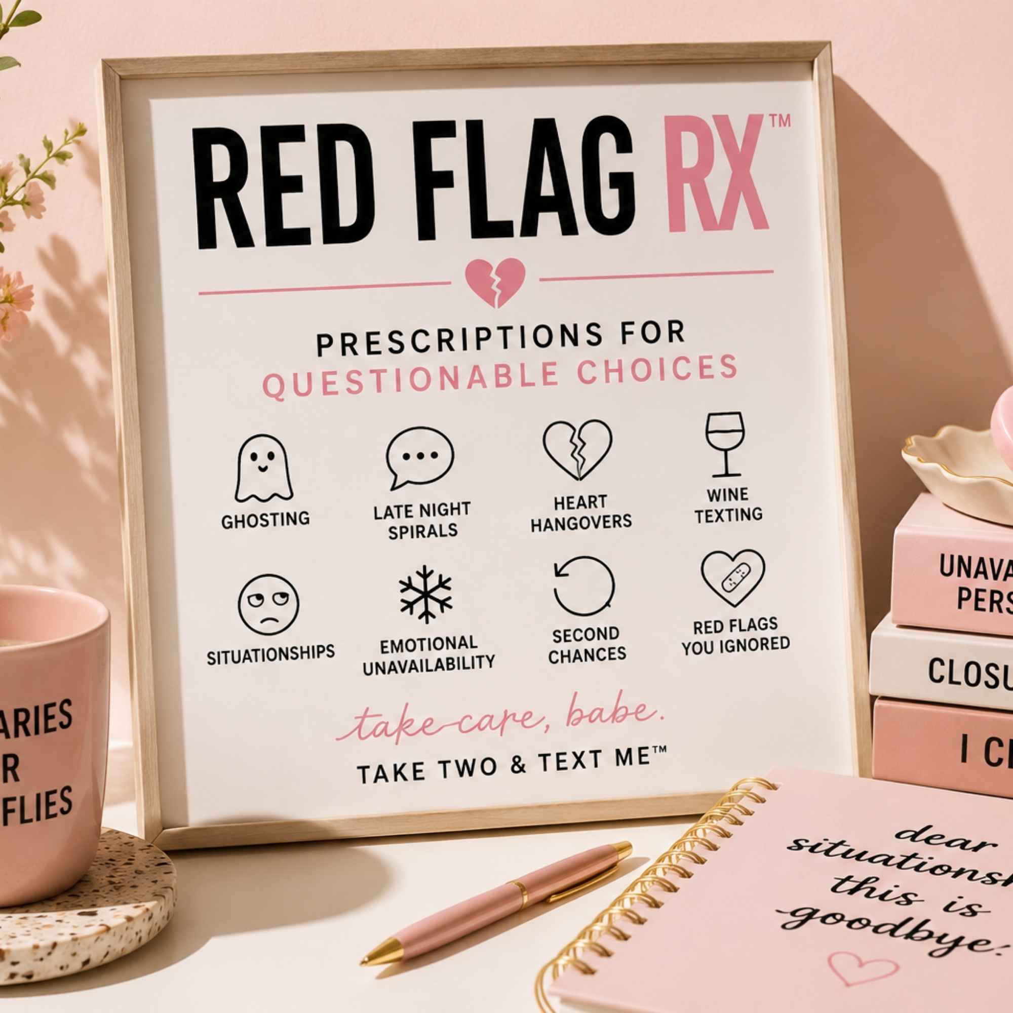 Red Flag Rx prescriptions for questionable choices funny breakup gifts collection graphic by Take Two & Text Me