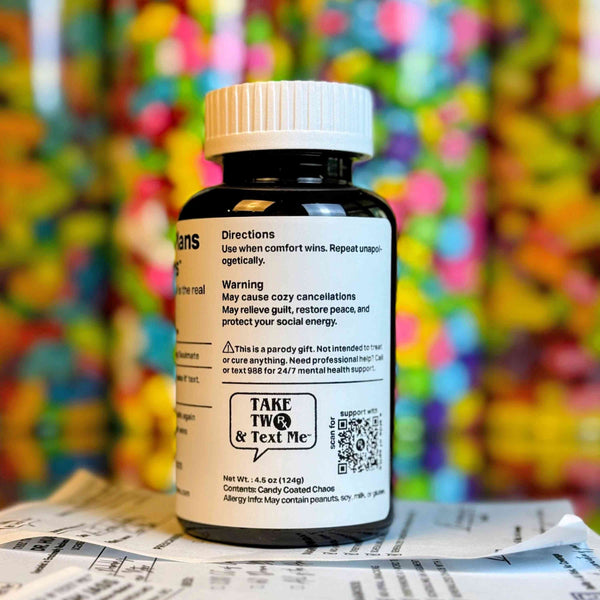 Back label usage directions for Cancel Plans Capsules funny introverted friend gift