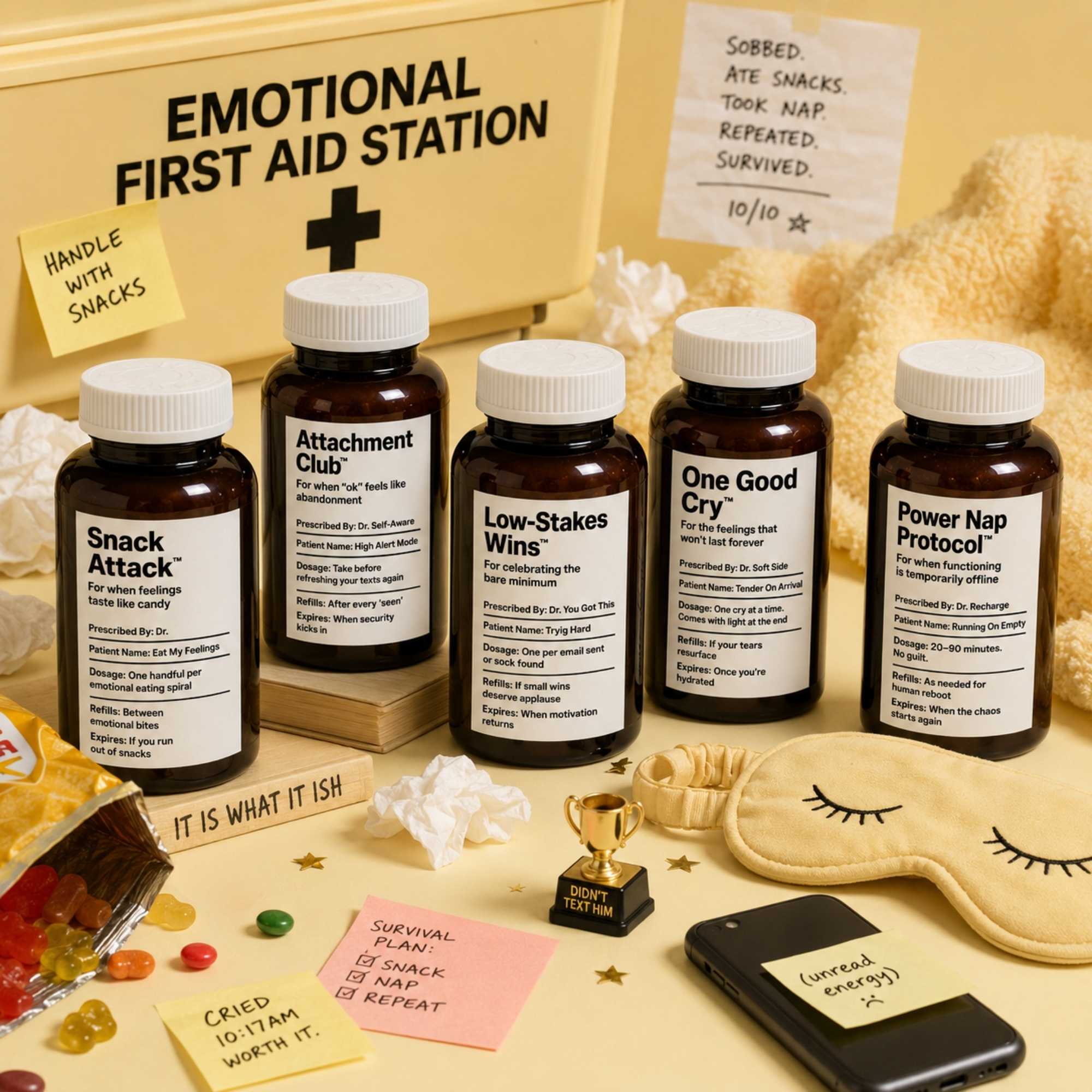 Parody remedy bottles arranged on a desk, ideal for a sending hugs gift or an overthinkers self care package.