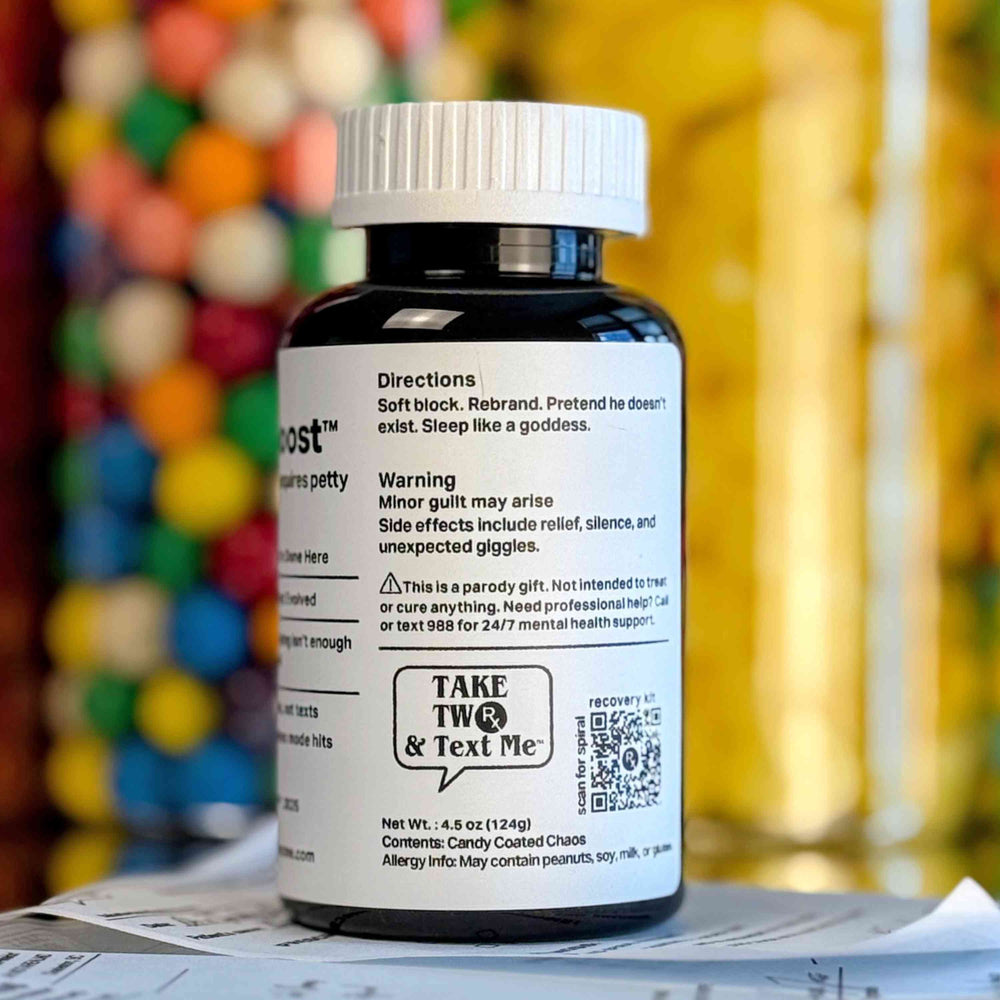 Soft Block Boost situationship gag gift prescription bottle by Take Two & Text Me
