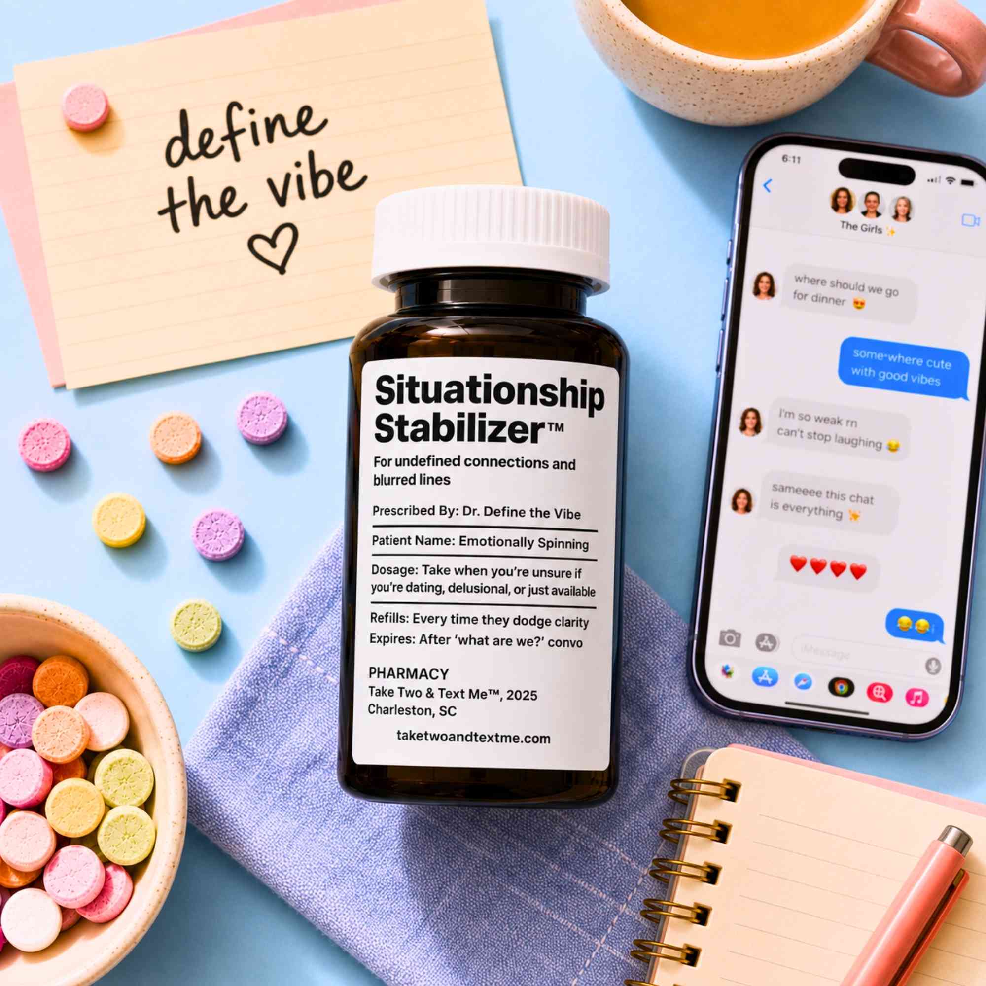 Situationship Stabilizer funny dating gift prescription bottle with candy by Take Two & Text Me