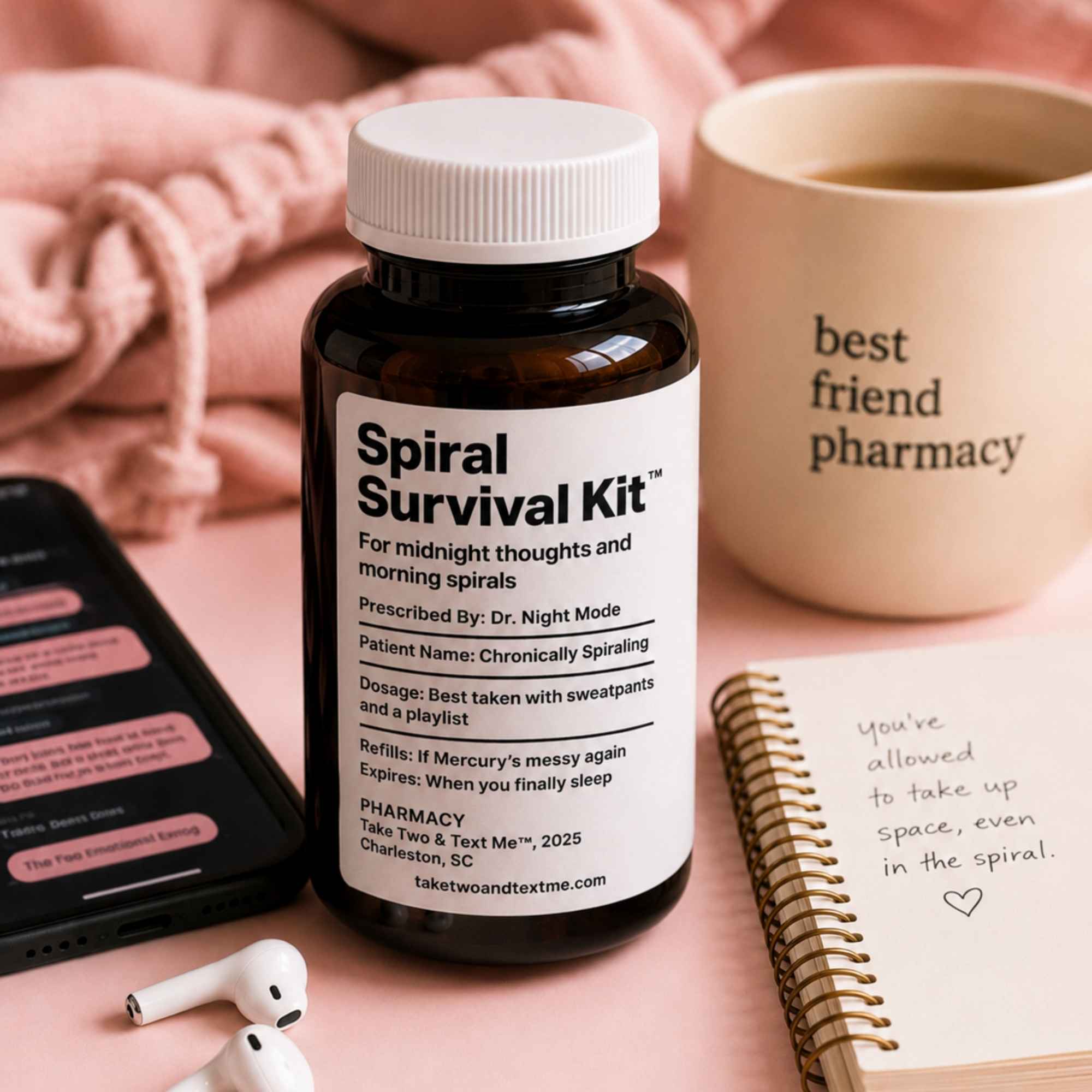 Spiral Survival Kit prescription-inspired mental health gift for friends, late-night spirals, and emotional support.
