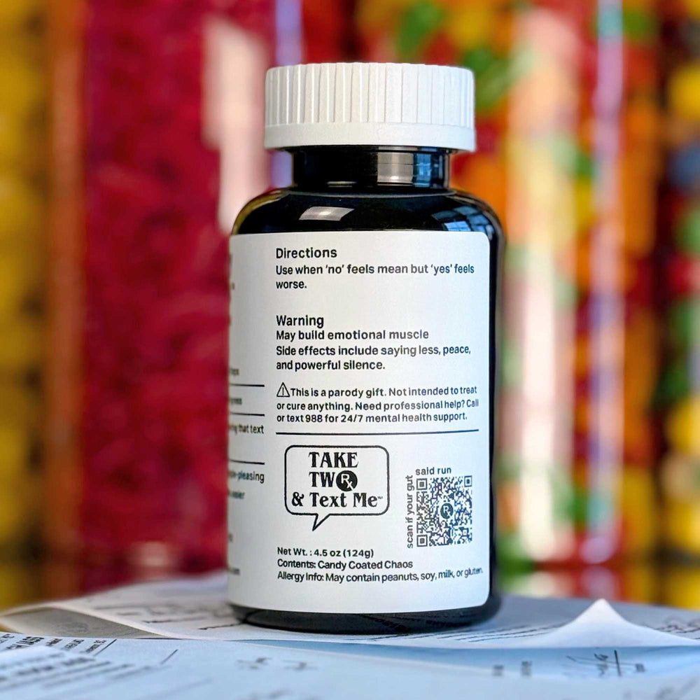 A dark amber parody prescription bottle labeled 'Boundary Boosters' by Take Two & Text Me, designed as a witty moving on gift for single friends.