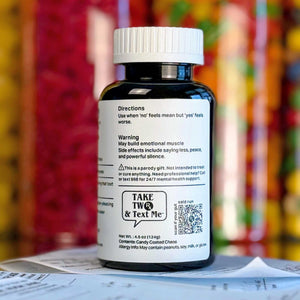 A high-resolution close-up of the 'Boundary Boosters' parody prescription label by Take Two & Text Me, featuring funny relationship advice notes.