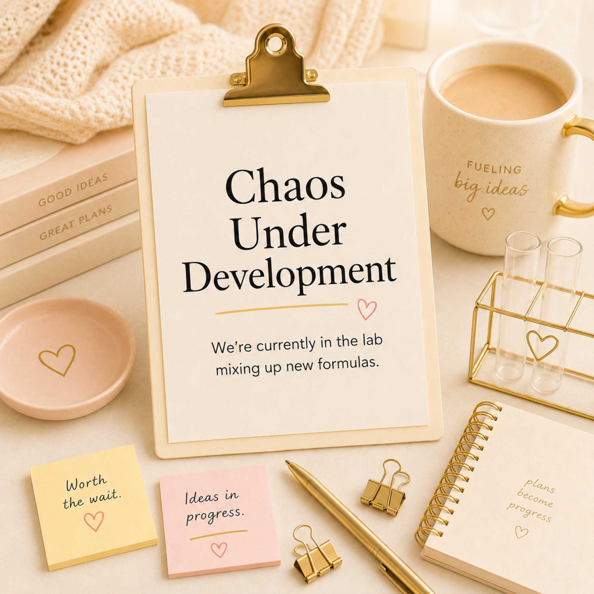 An aesthetic desktop layout featuring a Take Two & Text Me 'Chaos Under Development' clipboard styled on the left with a gold wire organizer, a white mug, and pink heart notes.