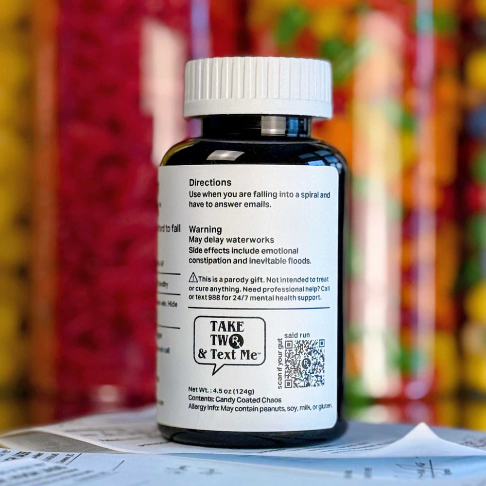 A dark amber parody prescription bottle labeled 'Cry Later Capsules' by Take Two & Text Me, styled as a funny emotional support gift for a recent breakup.