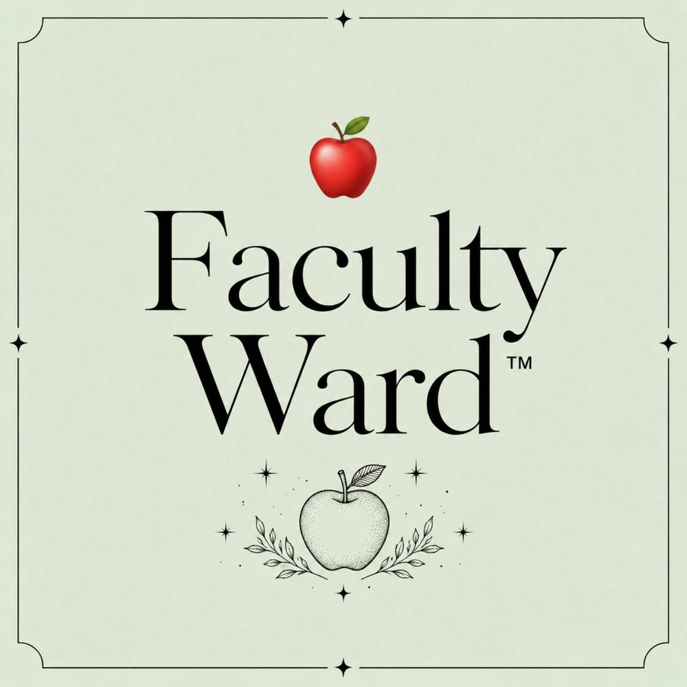 A square collection tile graphic for The Faculty Ward by Take Two & Text Me, featuring a realistic red apple illustration at the top and a minimalist sketch of a light apple surrounded by botanical leaves and stars at the bottom on a pale cream background.