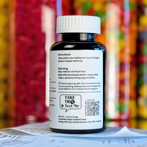 Close-up label details for the 'He's Just Tall' parody prescription by Take Two & Text Me, highlighting funny warnings about overlooking dating red flags.