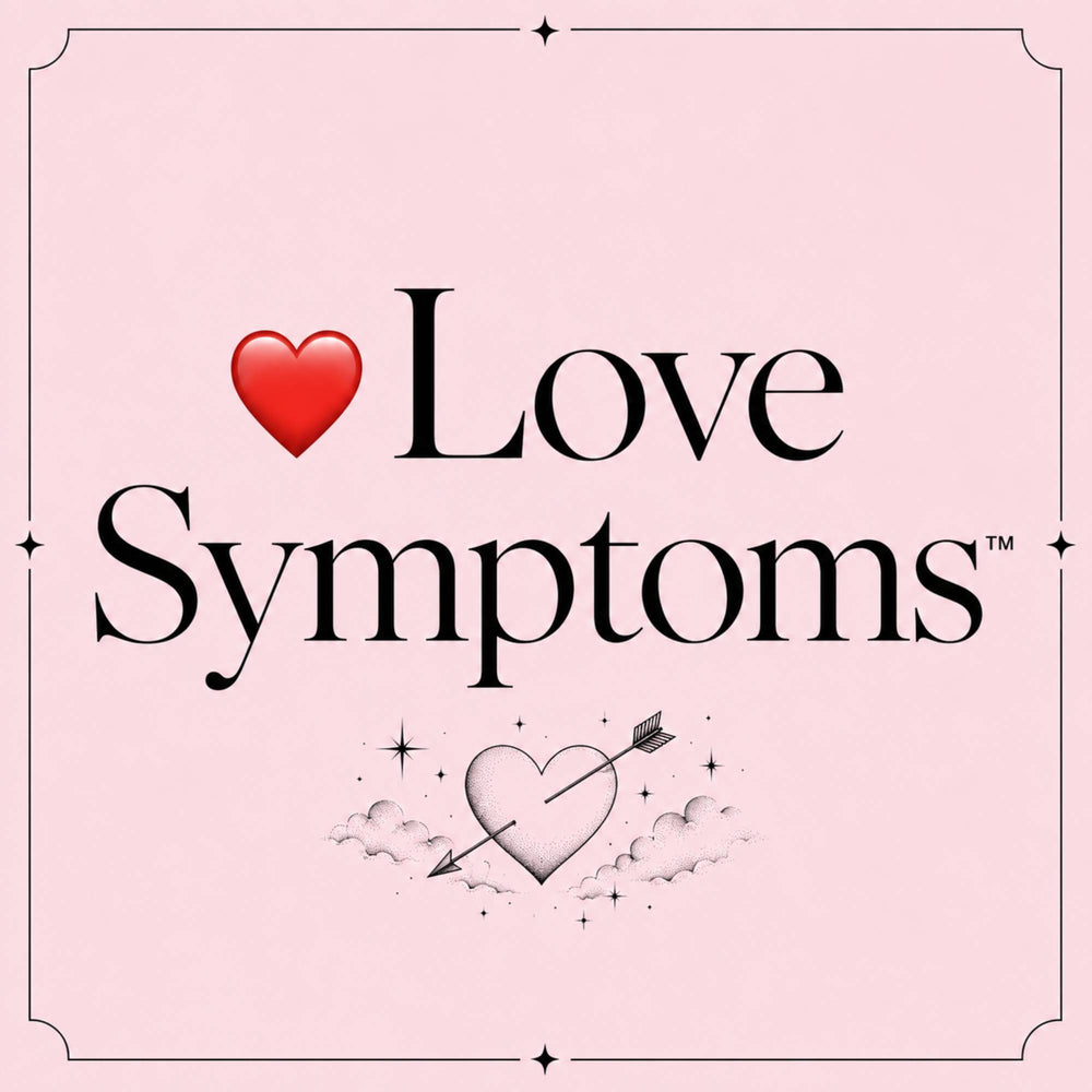 A square collection tile graphic for Love Symptoms by Take Two & Text Me, featuring a bold red heart illustration next to the title 'Love Symptoms' in elegant black serif lettering, styled with a hand-drawn arrow-pierced heart surrounded by stars and clouds at the bottom on a soft blush pink background.