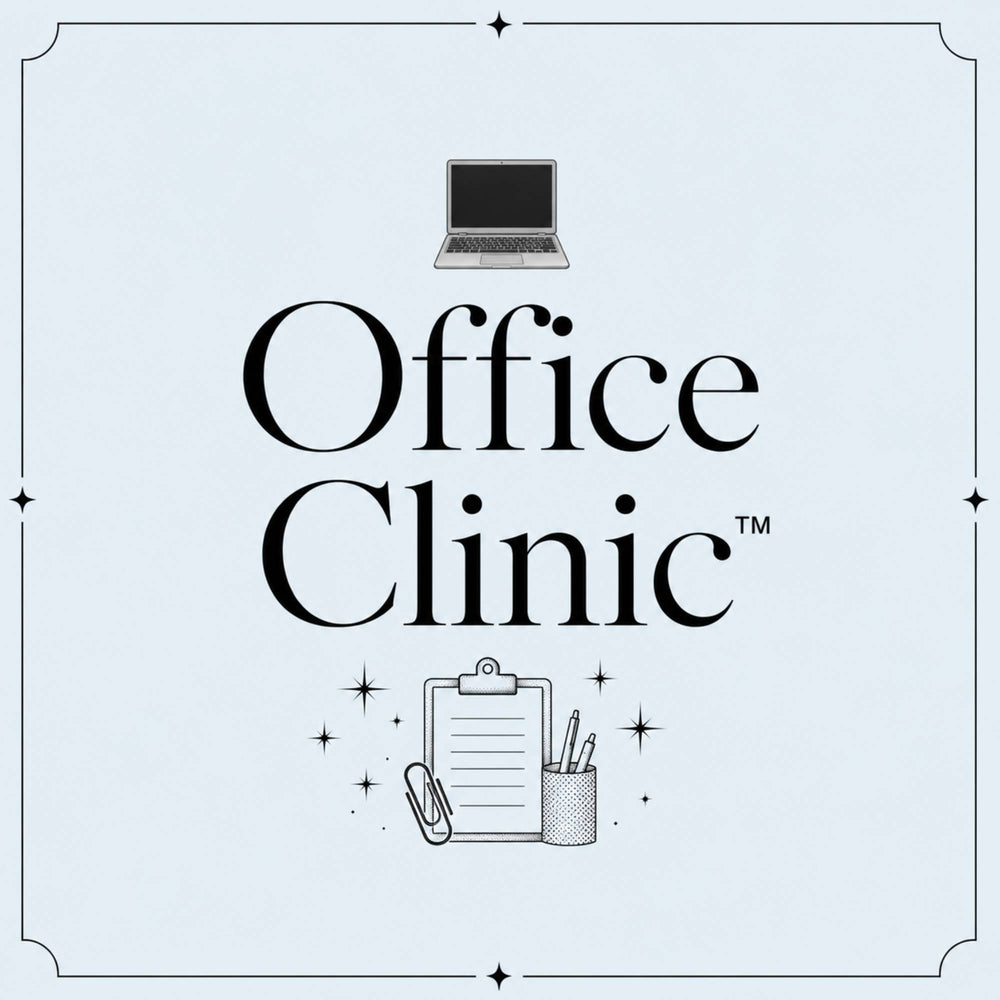 A square collection tile graphic for The Office Clinic by Take Two & Text Me, featuring a black-and-white minimalist laptop illustration at the top and a clipboard with a pen holder cup sketch at the bottom on a pale blue background.