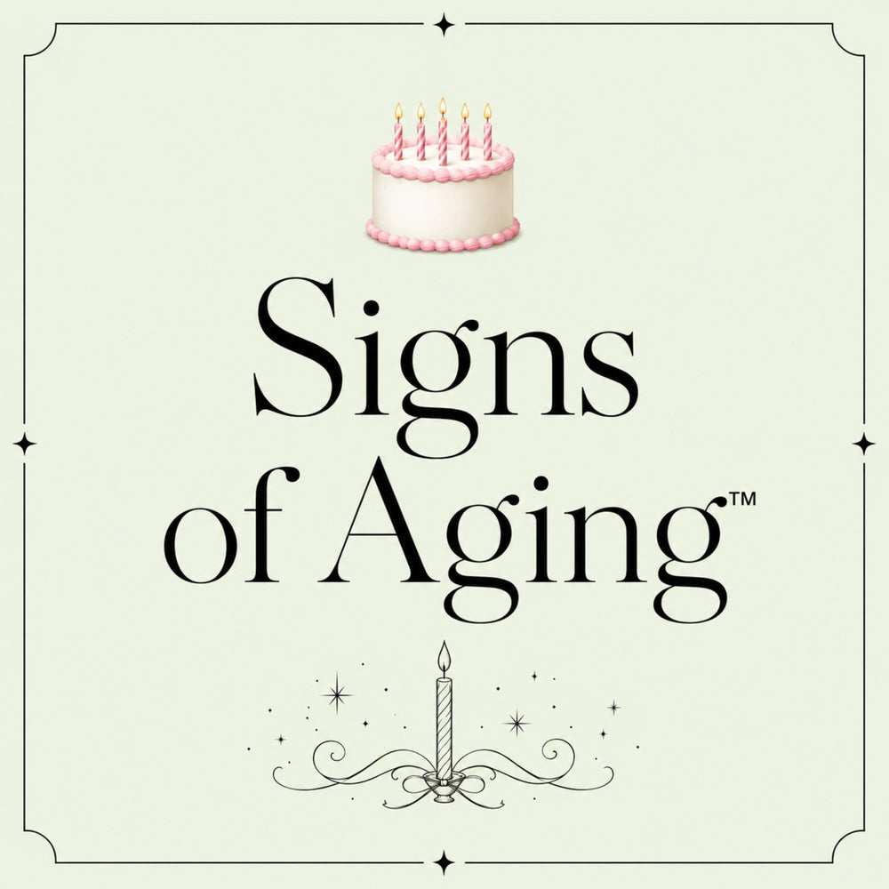A square collection tile graphic for Signs of Aging by Take Two & Text Me, featuring a minimalist birthday cake and candle illustration on a pale cream background, perfect for funny birthday and milestone gifts.