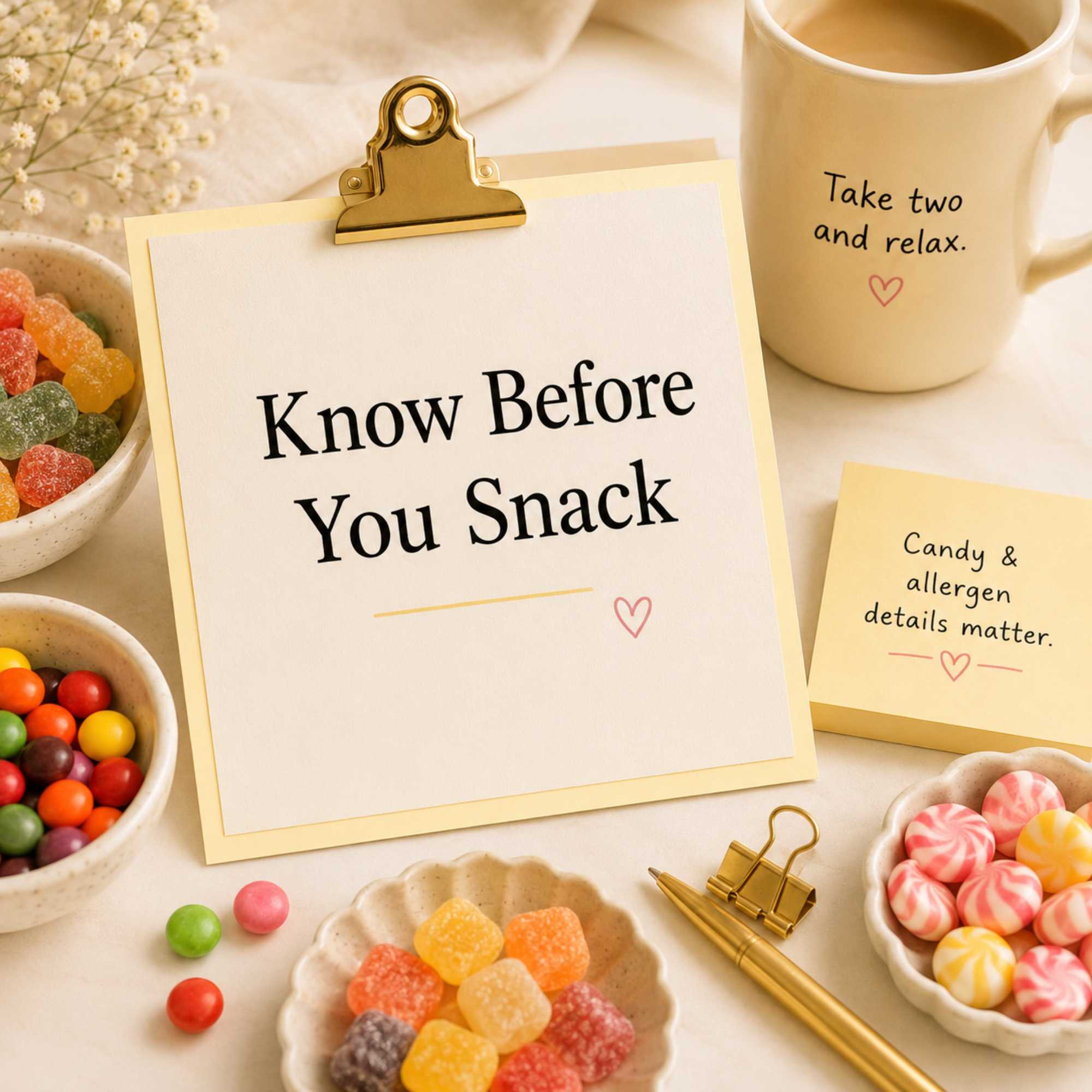 A graphic for the disclaimer page titled 'Know Before You Snack' by Take Two & Text Me, outlining humorous allergen and product warnings for relationship care packages.