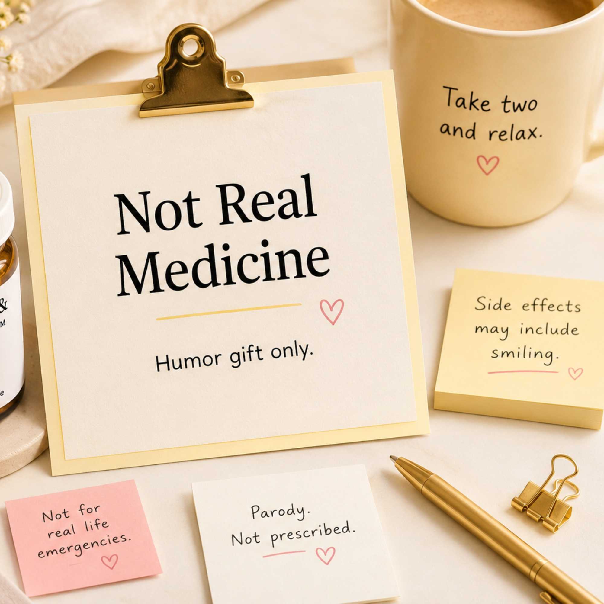 A graphic for the disclaimer page stating 'This is not real medicine' by Take Two & Text Me, clarifying that these are novelty gifts for overthinkers.