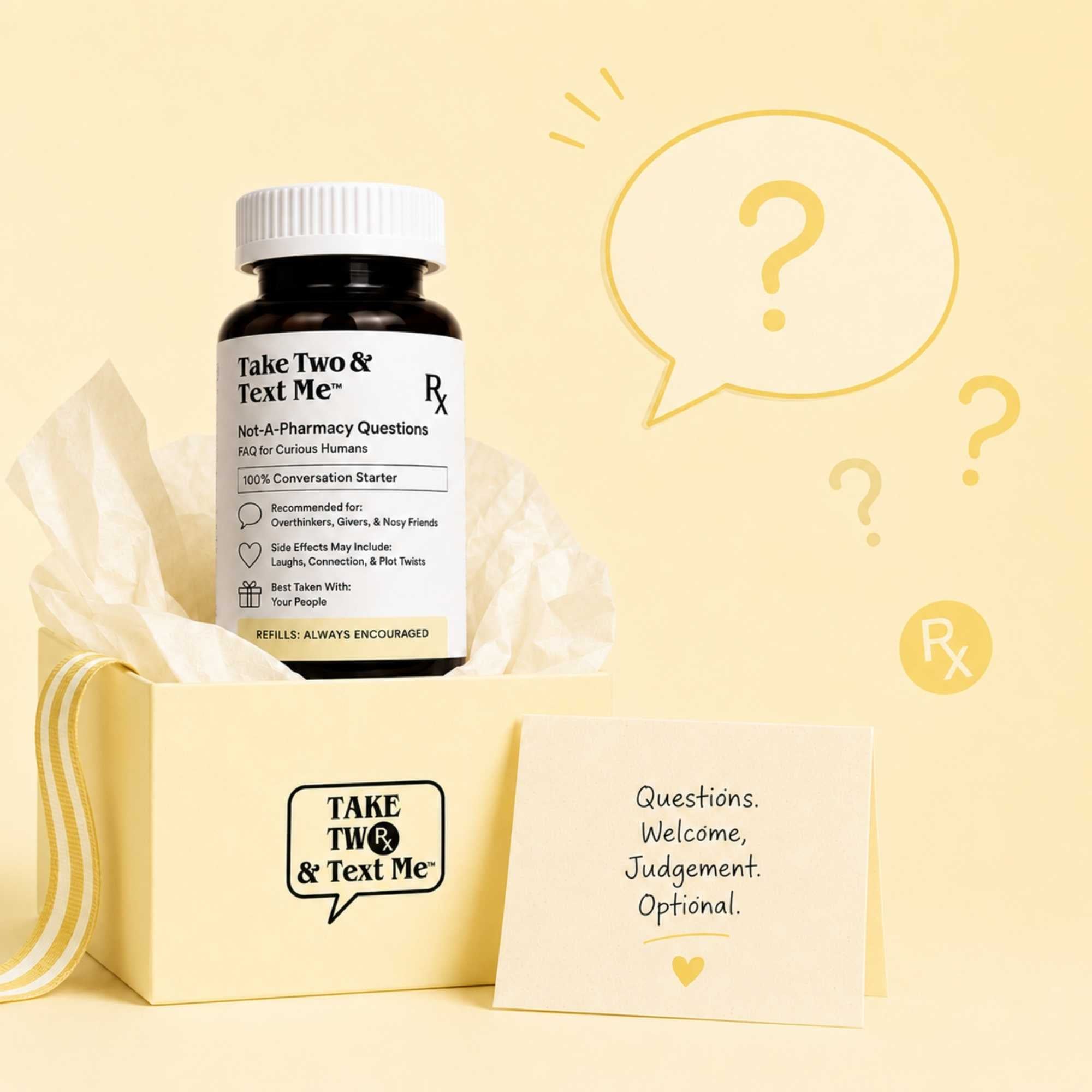 Talk Two & Text Me prescription bottle in a gift box, a funny emotional support gift for friends.