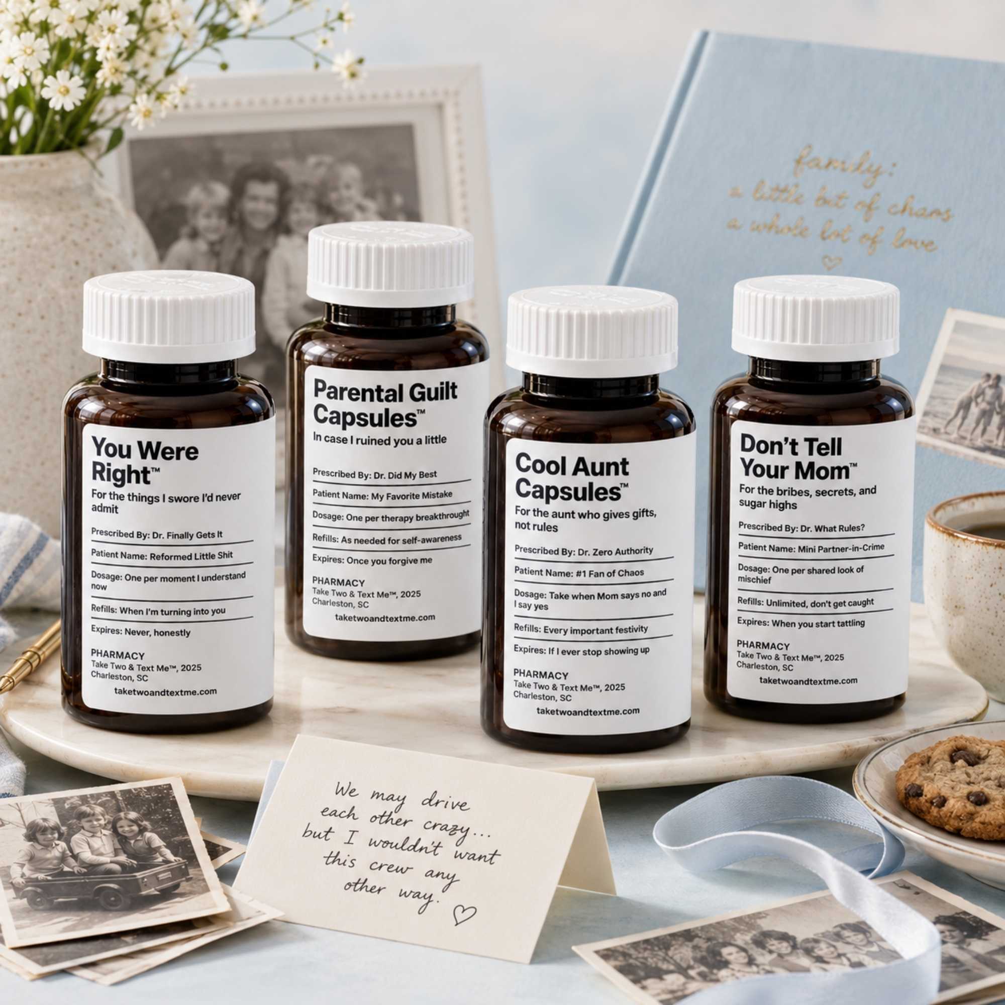 Thanksgiving gag gift and toxic family gift prescription bottles flatlay with vintage family photos by Take Two & Text Me