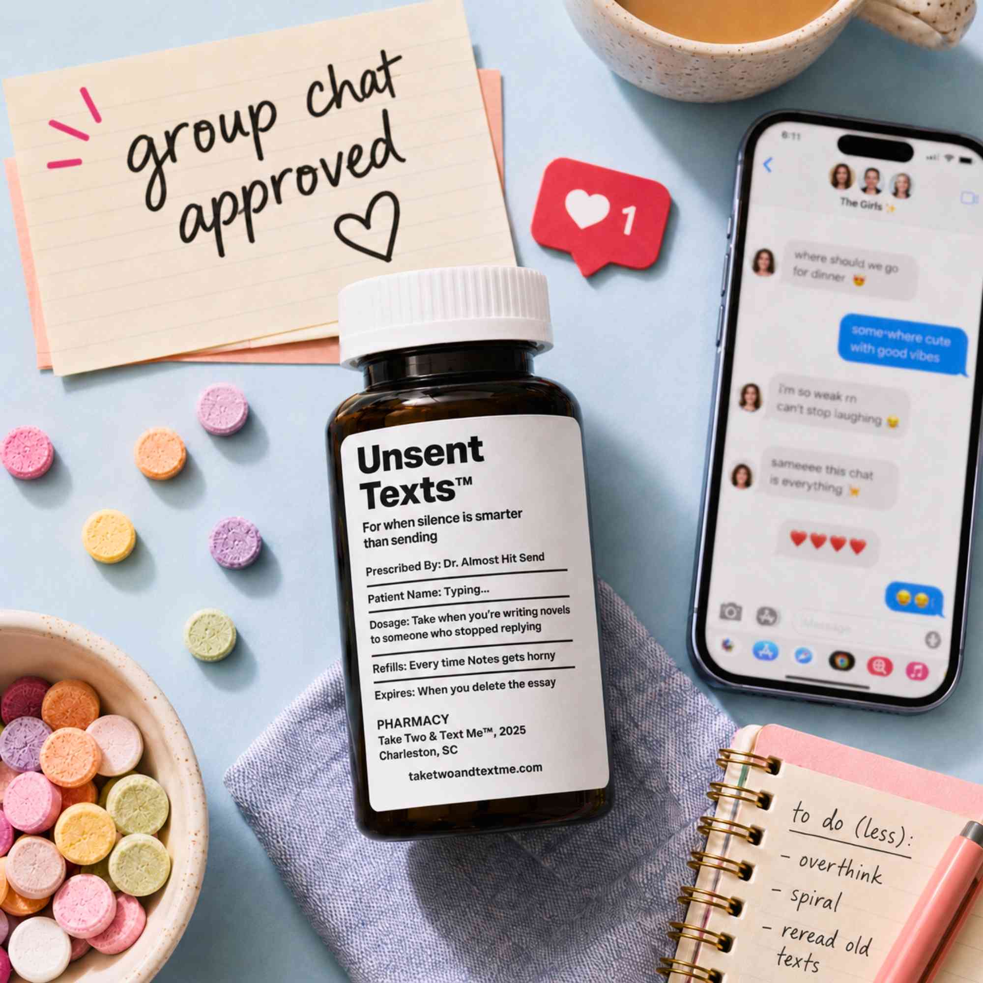 Viral RX Formula benefits and features graphic for joke prescription bottle by Take Two & Text Me