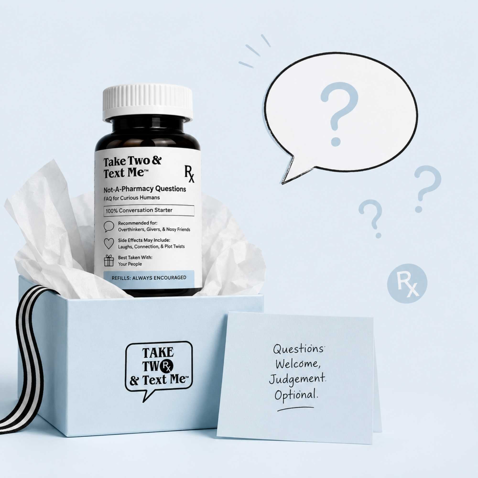 Viral RX prescription bottle gag gift FAQ product graphic layout by Take Two & Text Me