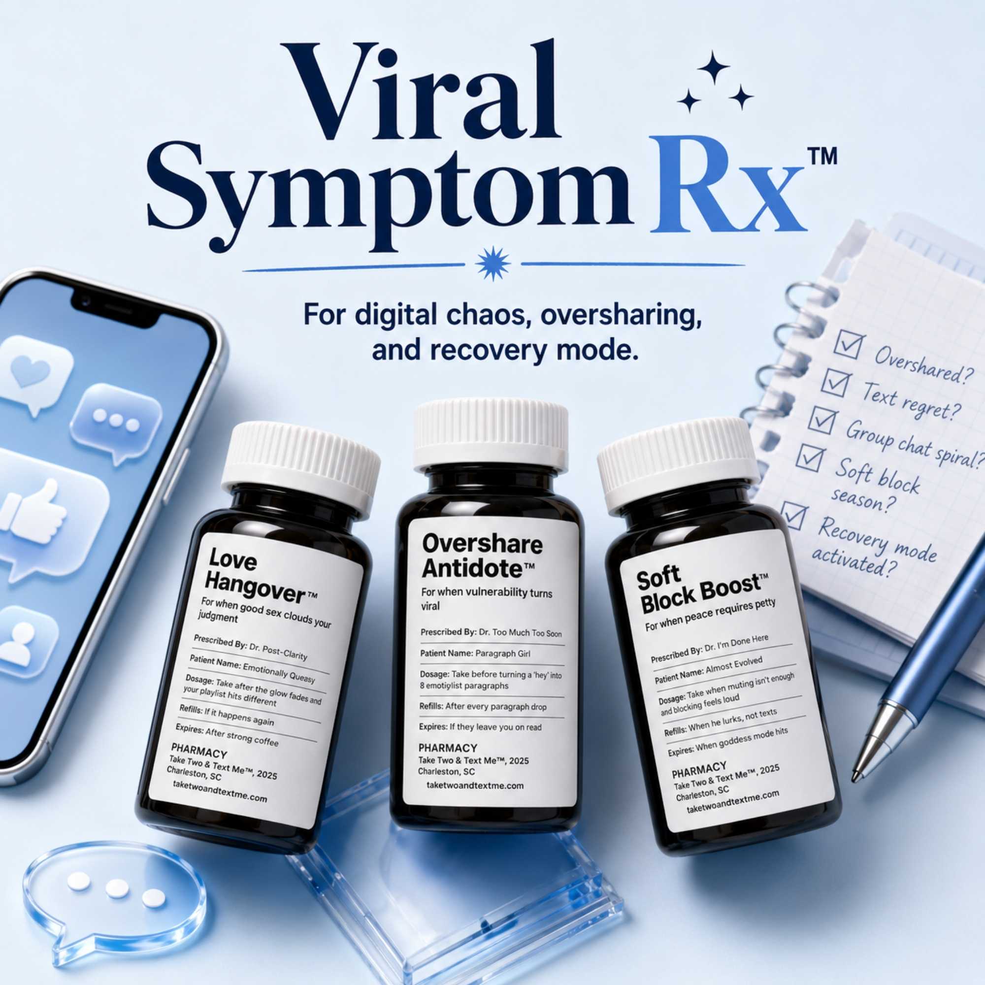 Viral Symptom Rx collection desktop hero banner showing funny internet humor prescription bottles and chronically online gifts by Take Two & Text Me